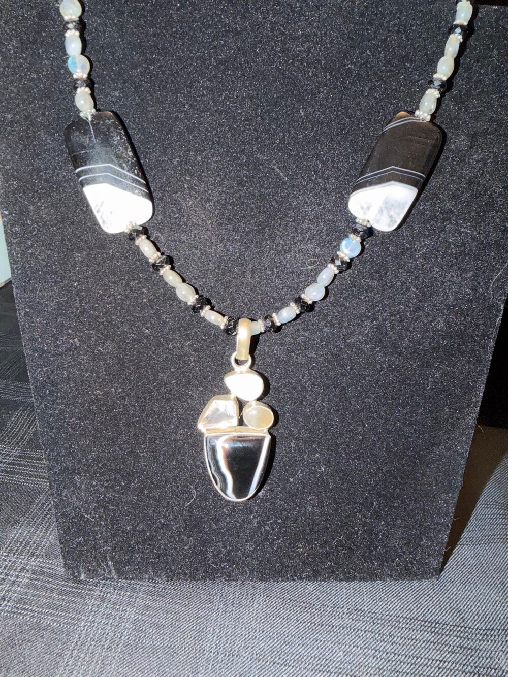 Handmade artisan statement necklace natural gemstones onyx labradorite druzy 21”